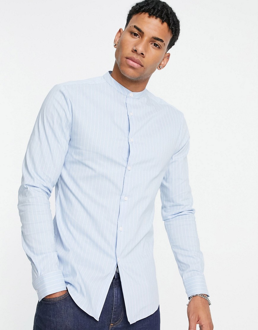 ASOS DESIGN - Skinny gestreept overhemd zonder kraag in blauw