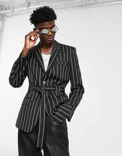 ASOS DESIGN - Skinny gestreepte colbert met strikceintuur in zwart