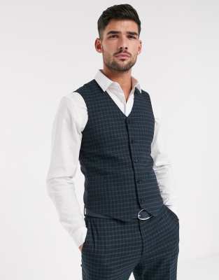 ASOS DESIGN skinny suit waistcoat in mini blackwatch tartan check in navy and green Navy