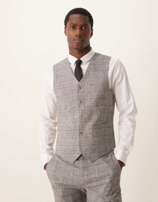 ASOS DESIGN - Skinny gilet van linnen met Prince of Wales-ruit in grijs