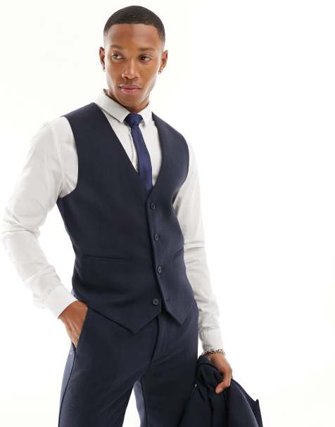 ASOS DESIGN - Skinny gilet van wolmix met breed visgraatmotief in marineblauw - view 1