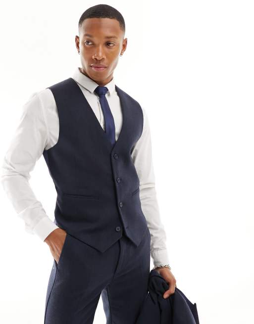 ASOS DESIGN - Skinny gilet van wolmix met breed visgraatmotief in marineblauw