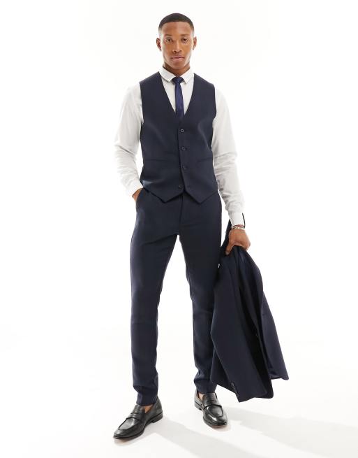 ASOS DESIGN - Skinny gilet van wolmix met breed visgraatmotief in marineblauw, 4 van 5