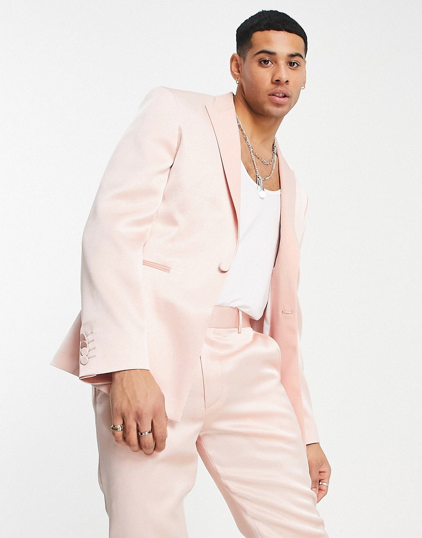ASOS DESIGN skinny high shine suit jacket in light pink