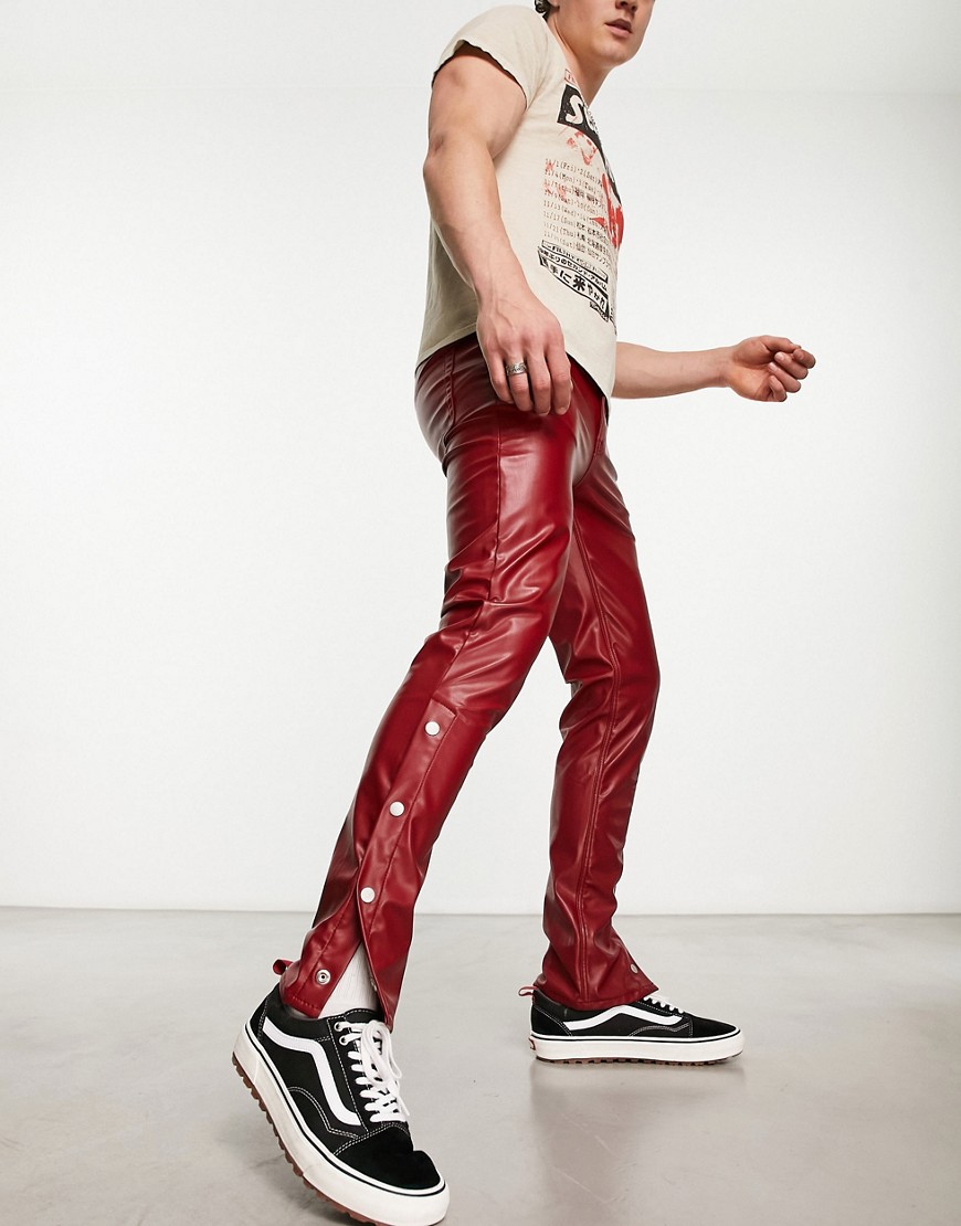 Asos Design Skinny Jean With Split Hem And Snaps Detail In Red Leather Look