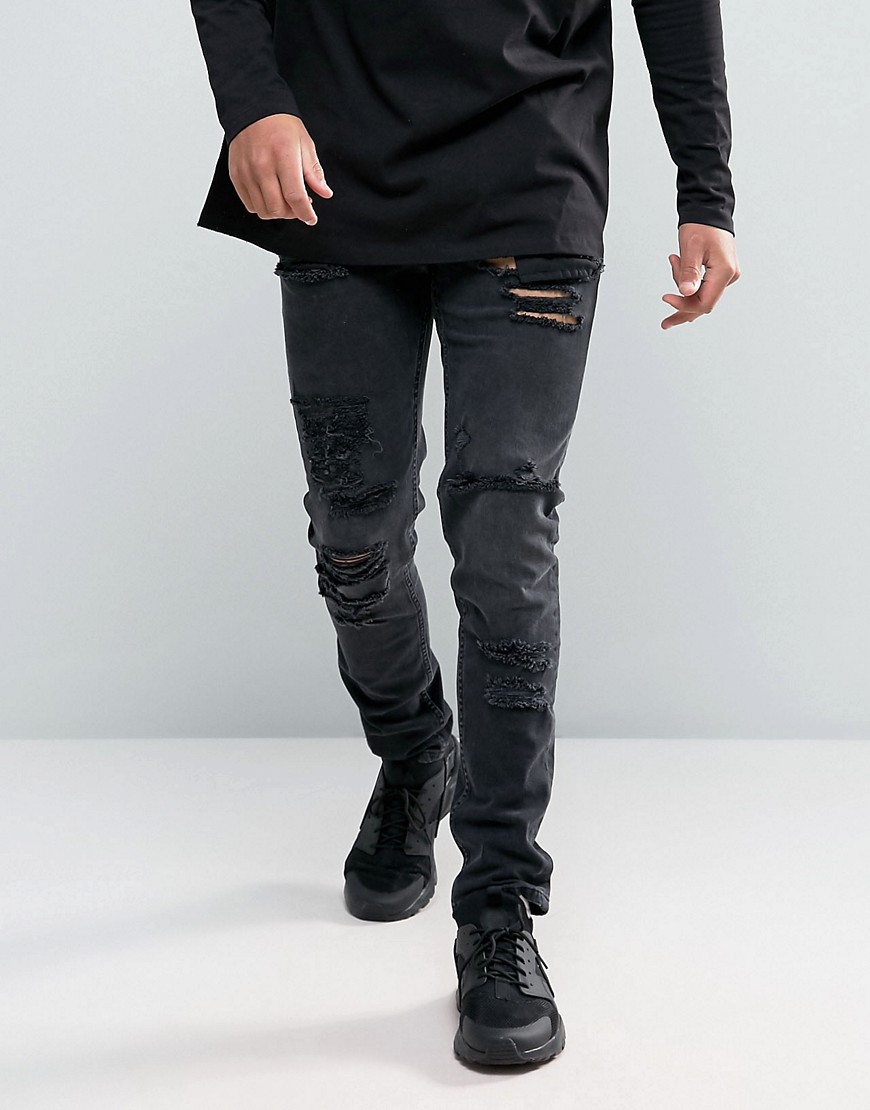 Asos Design Skinny Jeans In 12.5oz With Mega Rips In Washed Black