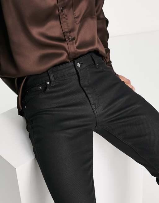 ASOS DESIGN skinny jeans with coated denim in black with biker detail