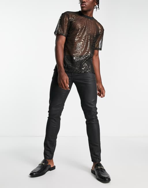 ASOS DESIGN skinny jeans with coated denim in black with biker