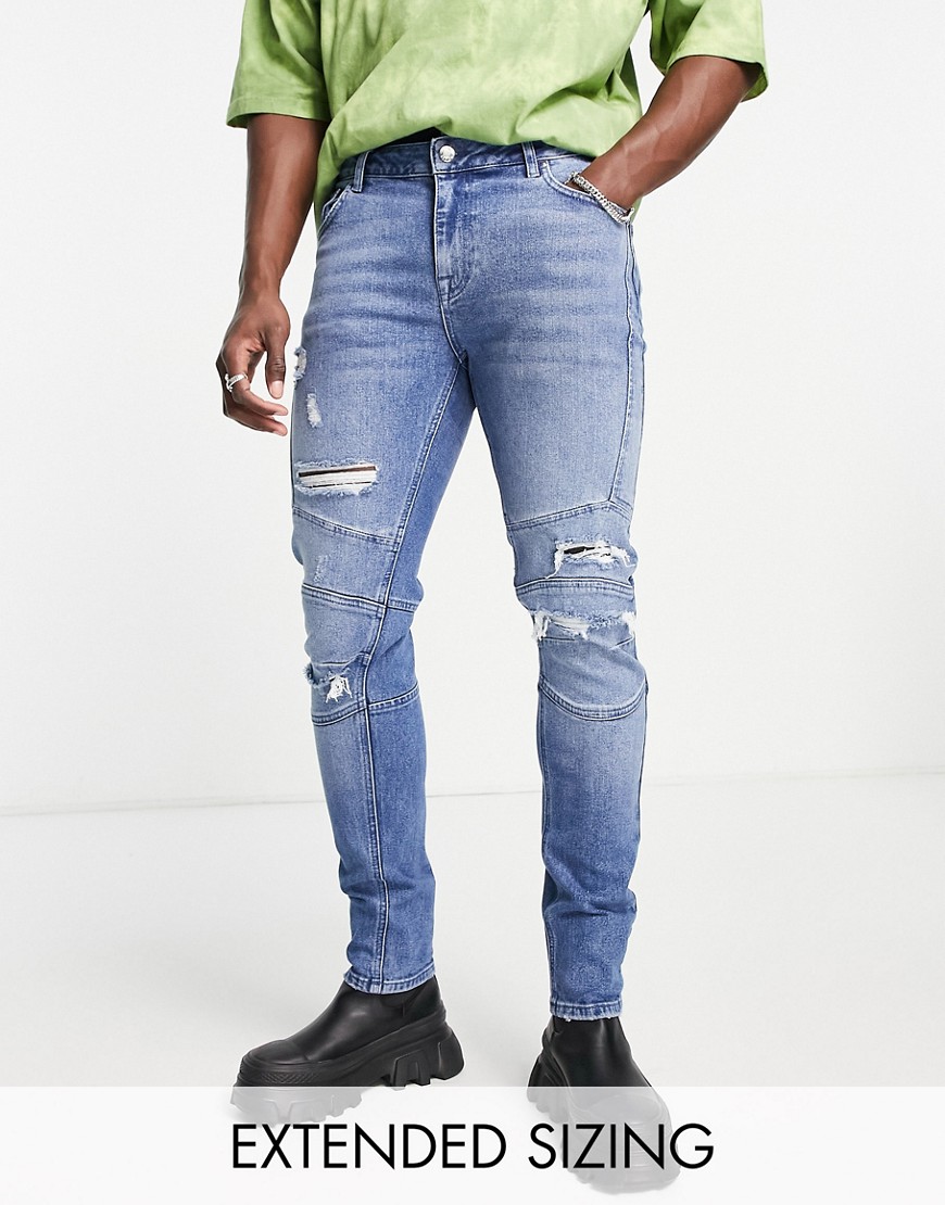 ASOS DESIGN skinny jeans in dark wash with rips and moto detail-Blue