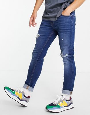 ASOS DESIGN skinny jeans in dark wash with rips-Blues | Smart Closet