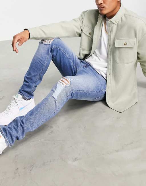 ASOS DESIGN skinny jeans in mid wash blue with knee rips, 4 of 4
