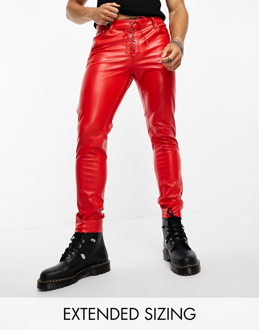 Asos Design Skinny Jeans In Red Leather Look With Lace Up Detail