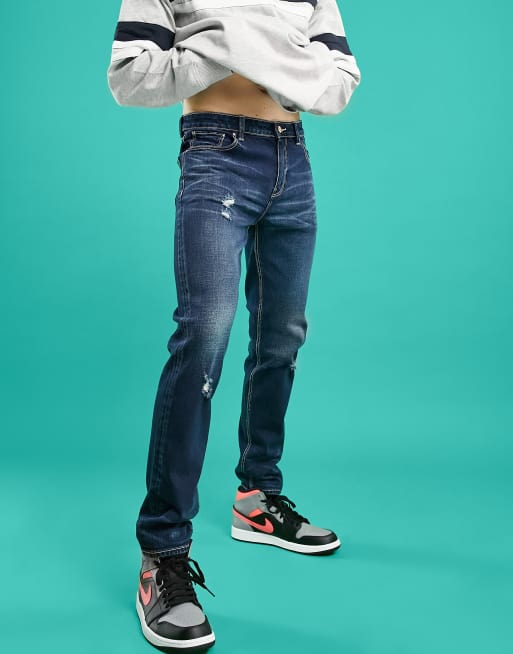 ASOS DESIGN - Skinny-jeans med sliddetaljer i mørkeblå vintage-vask