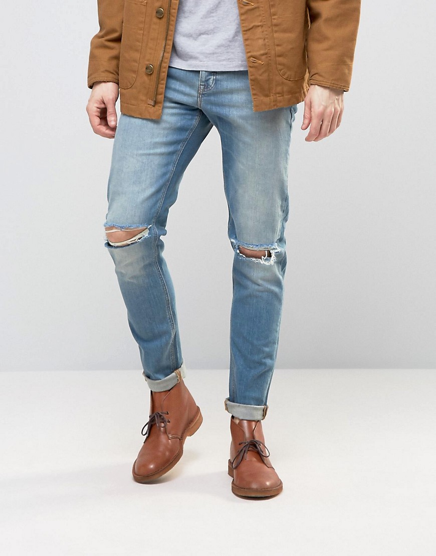 ASOS DESIGN - Skinny jeans met gescheurde knieën in 12.5oz lichtblauw