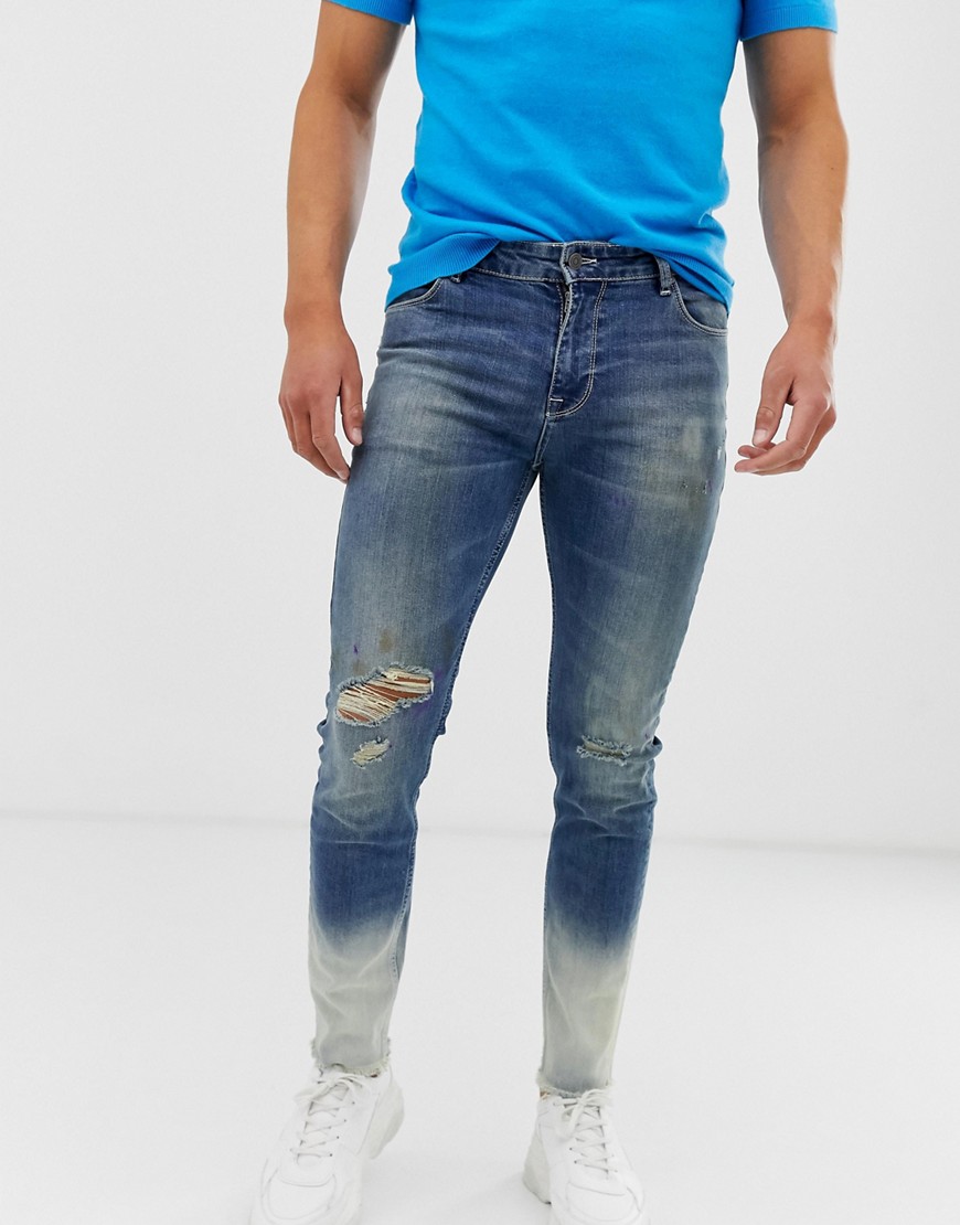 ASOS DESIGN - Skinny jeans met ombre gebleekte wassing en kniescheuren-Blauw