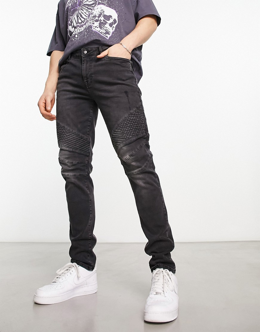 Asos Design Skinny Jeans With Moto Detail In Washed Black