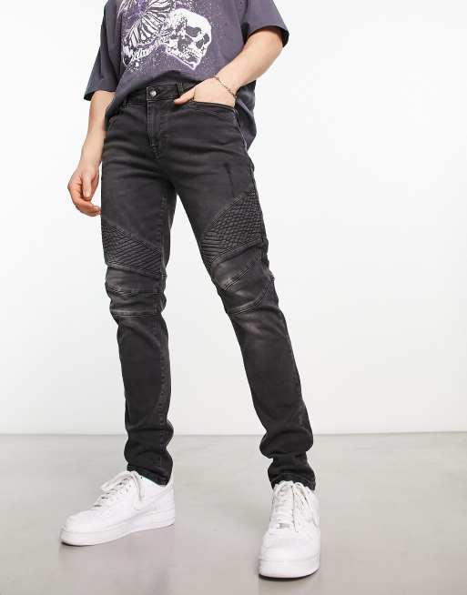 ASOS DESIGN skinny jeans with moto detail in washed black