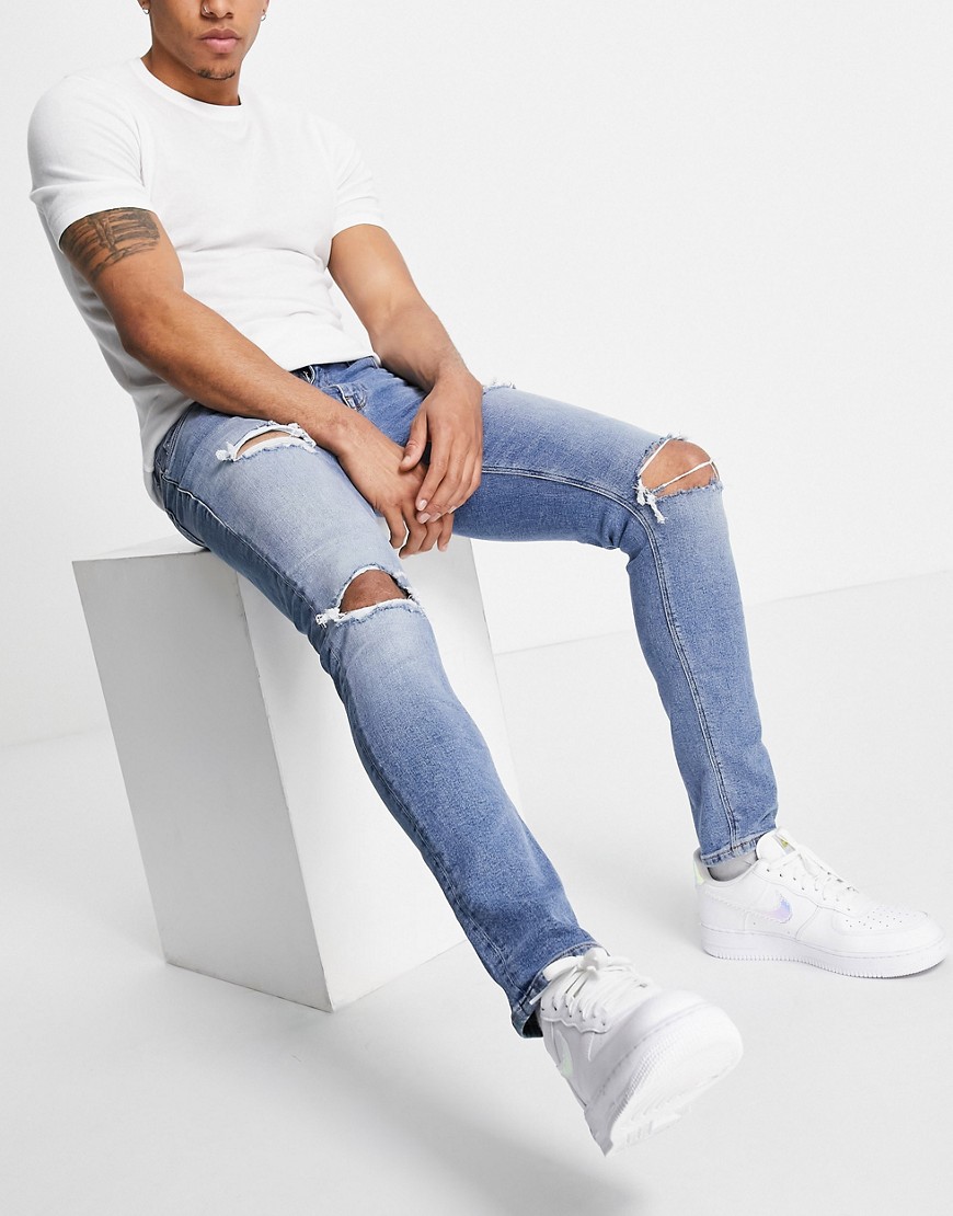 Asos Design Skinny Jeans In 'less Thirsty' Light Blue Wash With Rips-blues