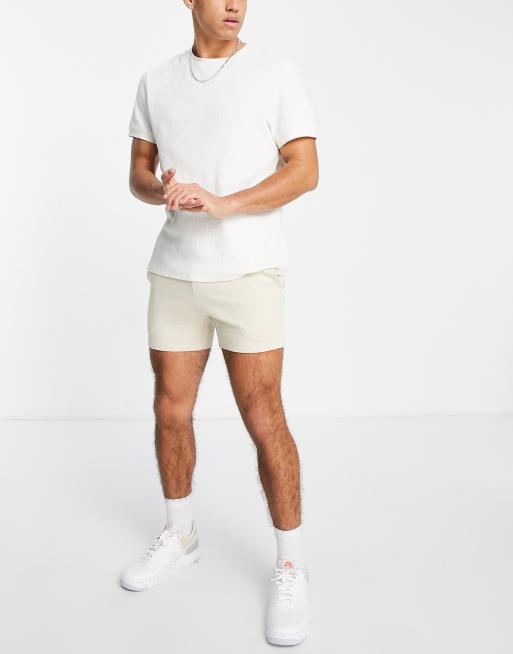 ASOS DESIGN skinny jersey shorts in shorter length 2 pack in beige/navy, 2 of 4