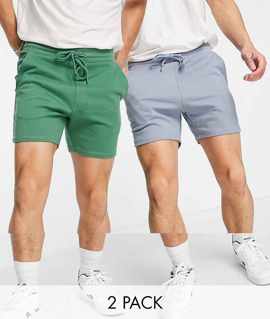 ASOS DESIGN skinny jersey shorts in shorter length 2 pack in green/purple