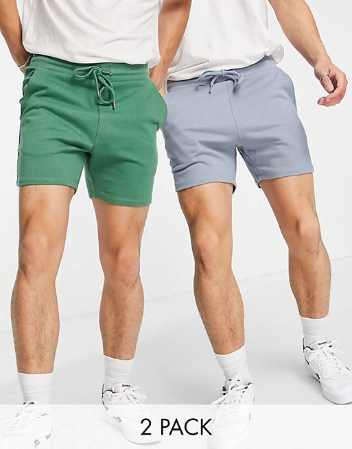 Men skinny jersey shorts in shorter length 2 pack in green/purple 