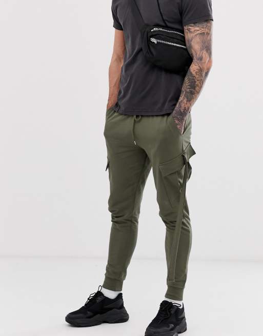 ASOS DESIGN skinny joggers with cargo pockets and strapping in khaki