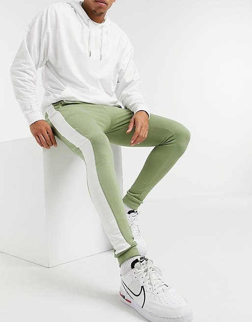 Tracksuits skinny joggers with side stripe in khaki 