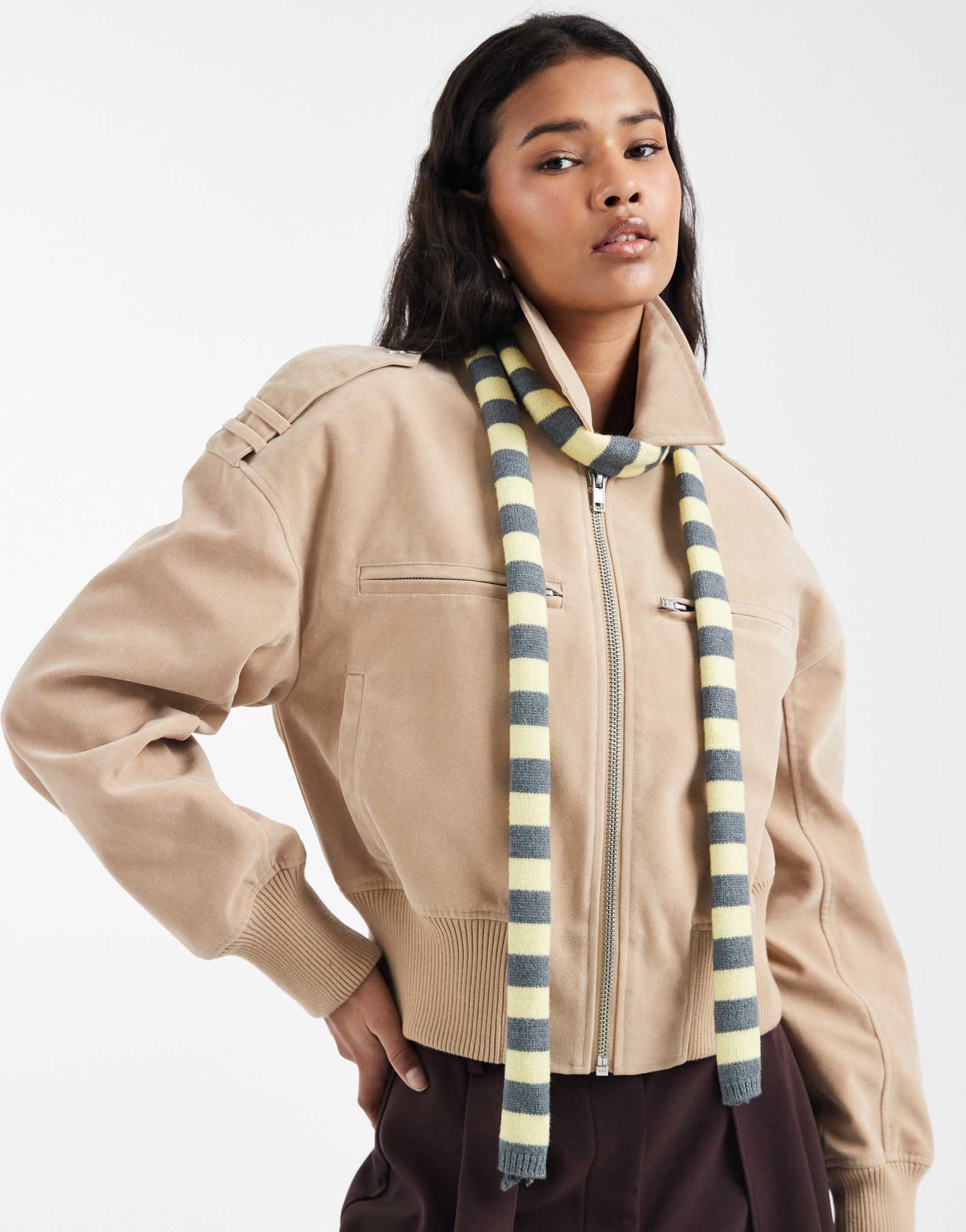 ДИЗАЙНЕРСКИЙ узкий вязаный шарф ASOS в полоску цвета пахты и древесного угля