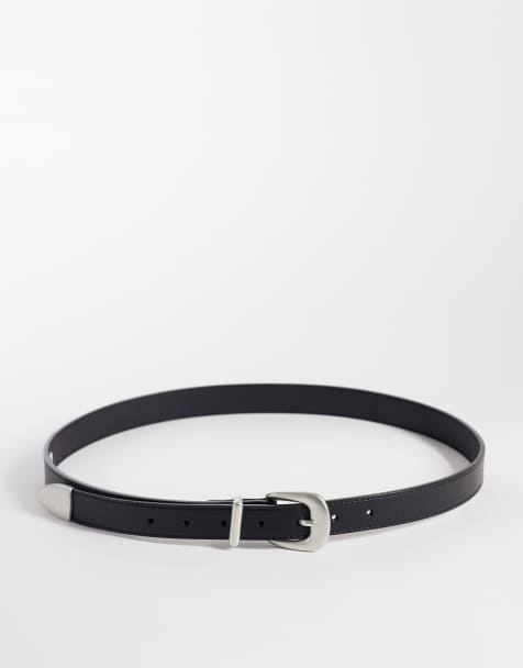 ASOS DESIGN skinny leather belt with curve buckle and metal tip in black - view 1