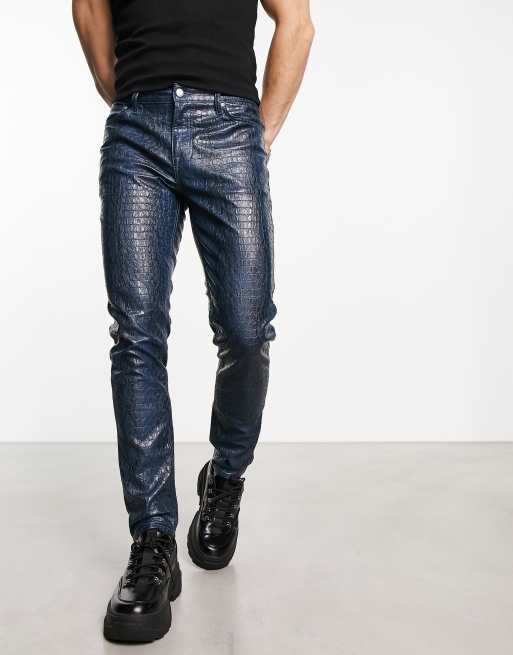 ASOS DESIGN skinny leather look pants in blue croc print