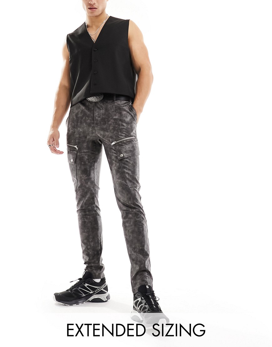 skinny leather look pants in washed gray with zip detail