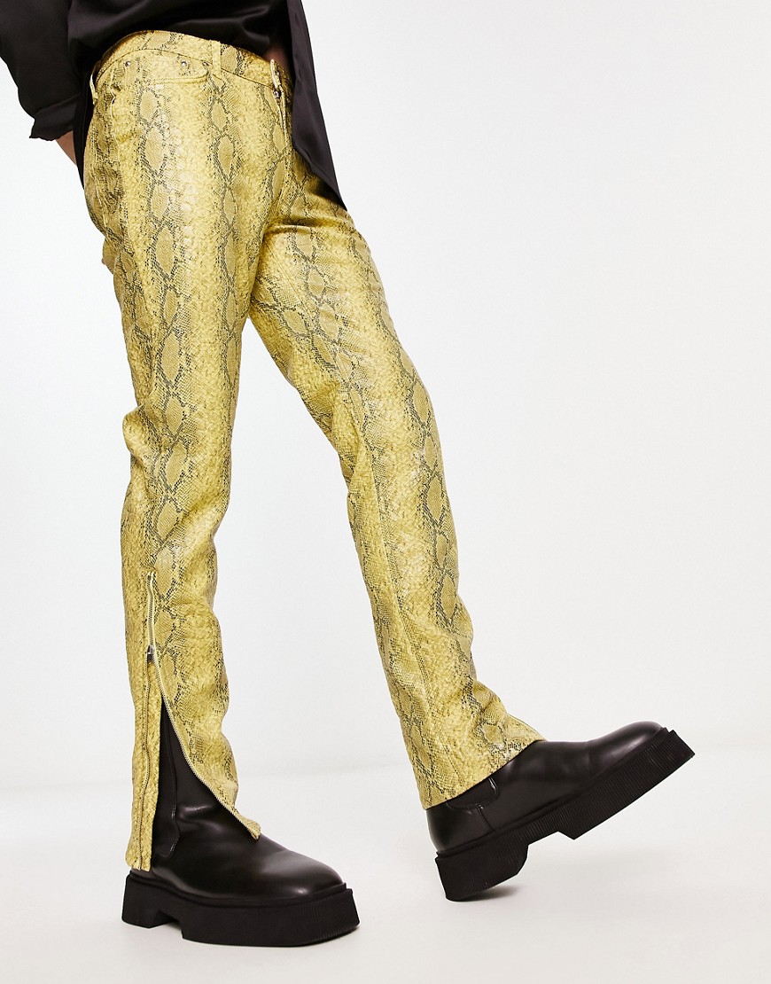 Asos Design Skinny Leather-look Pants In Yellow Snake Print With Zip Detail