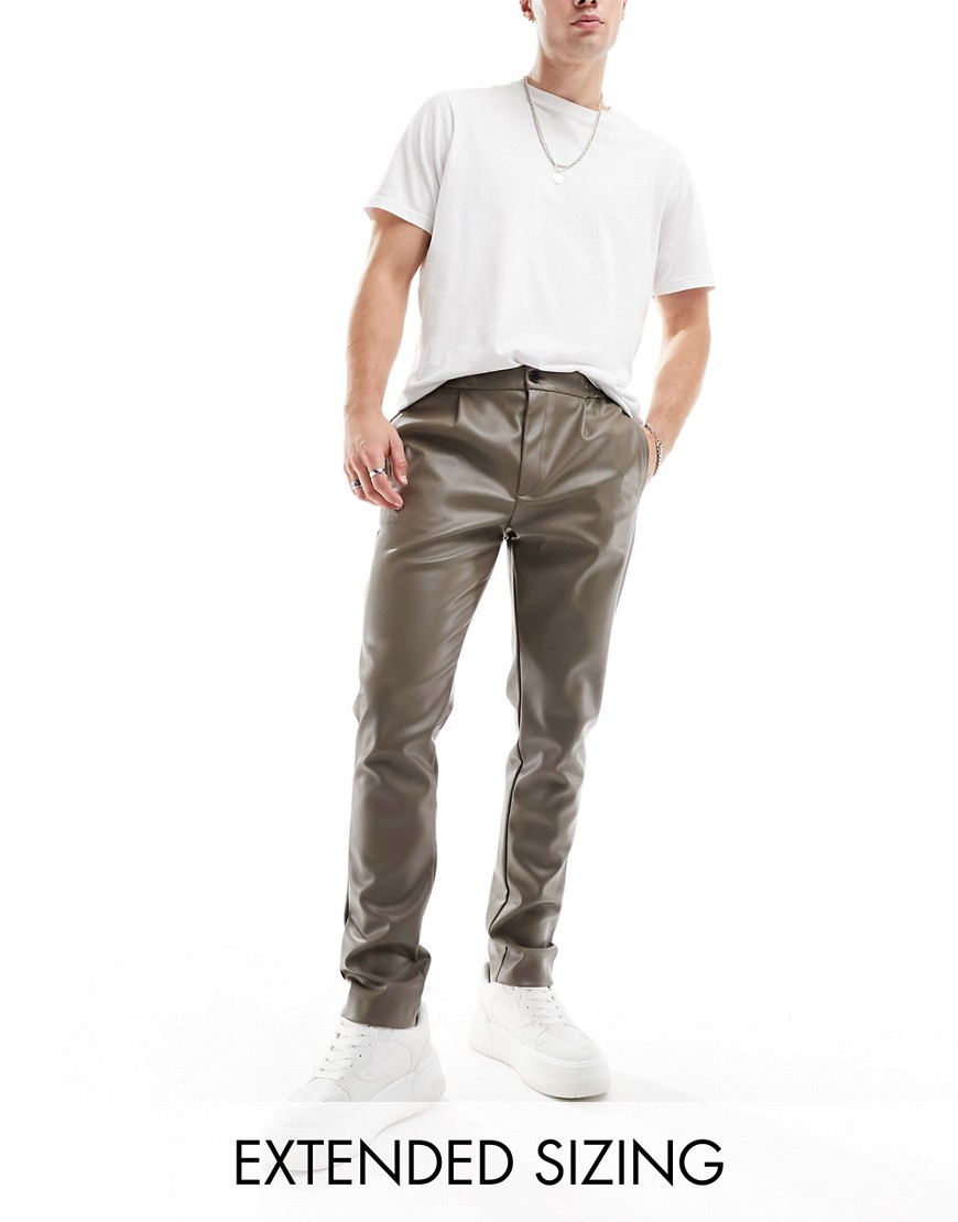 Asos Design Skinny Leather Look Sweatpants In Khaki-green