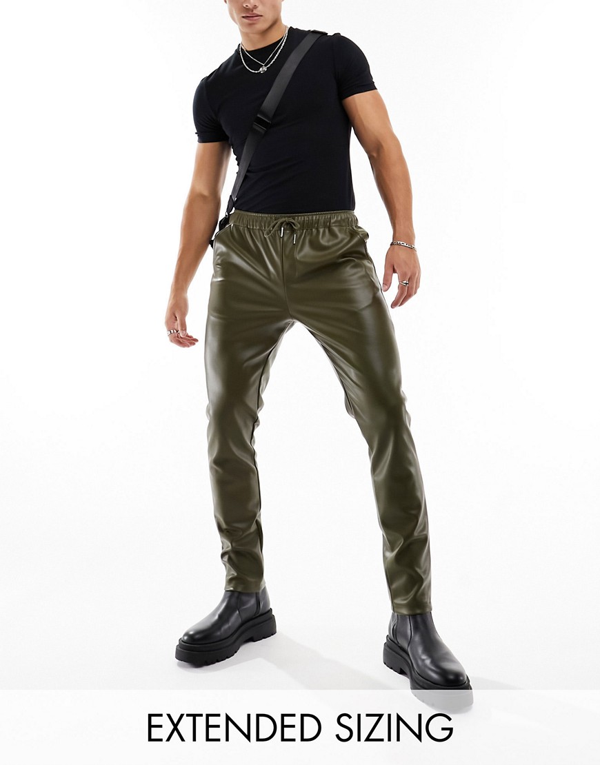 Shop Asos Design Skinny Leather Look Sweatpants In Khaki-green