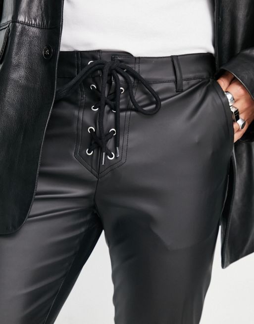 ASOS LUXE leather look skinny pants with lace-up detail in black