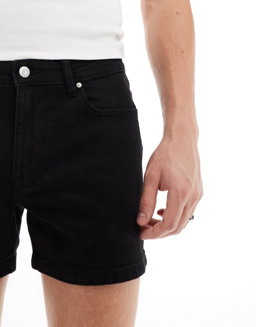 ASOS DESIGN classic rigid regular length denim shorts in washed black