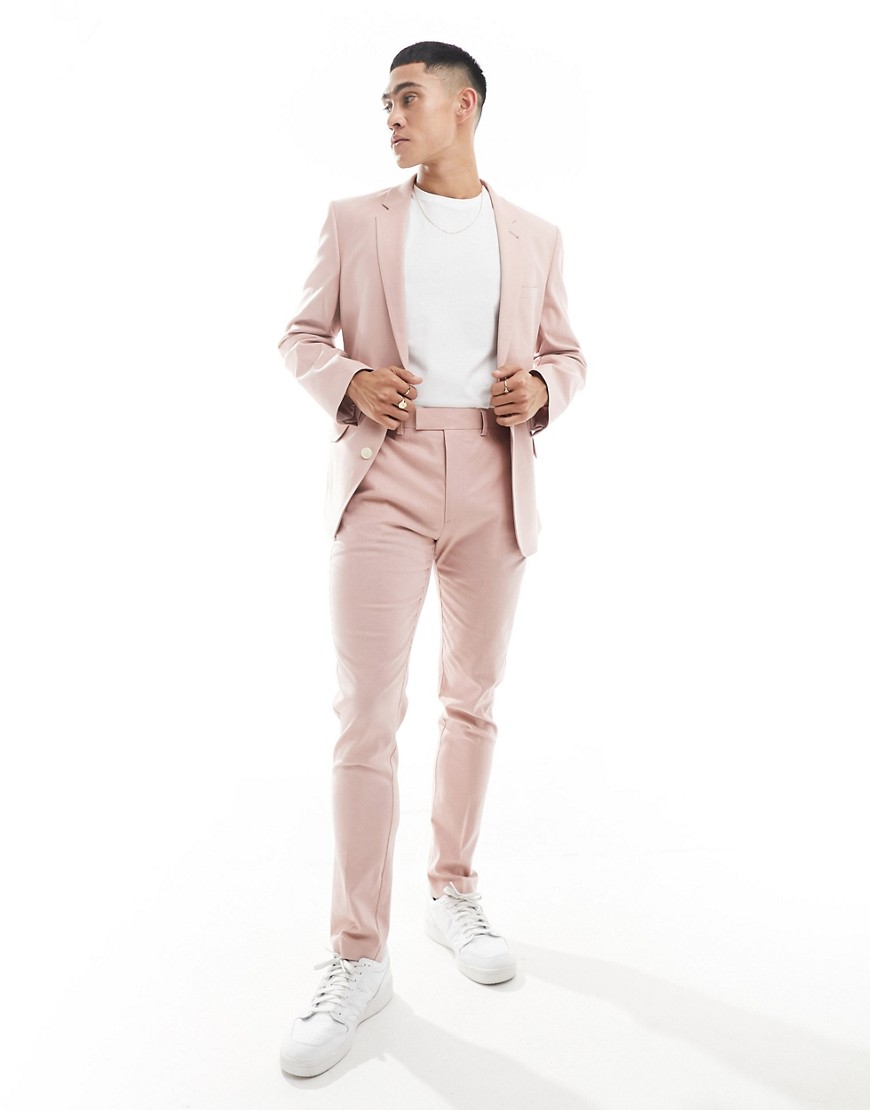 Asos Design Skinny Linen Mix Suit Pants In Pastel Pink