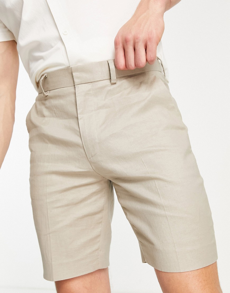 ASOS DESIGN skinny linen mix smart shorts in stone-Neutral
