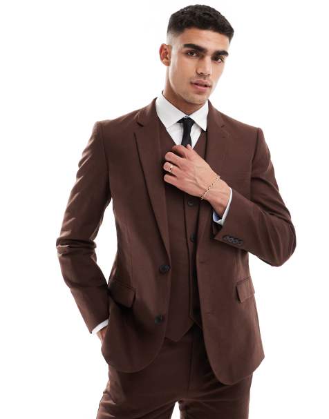 ASOS DESIGN skinny linen mix suit jacket in brown - view 1