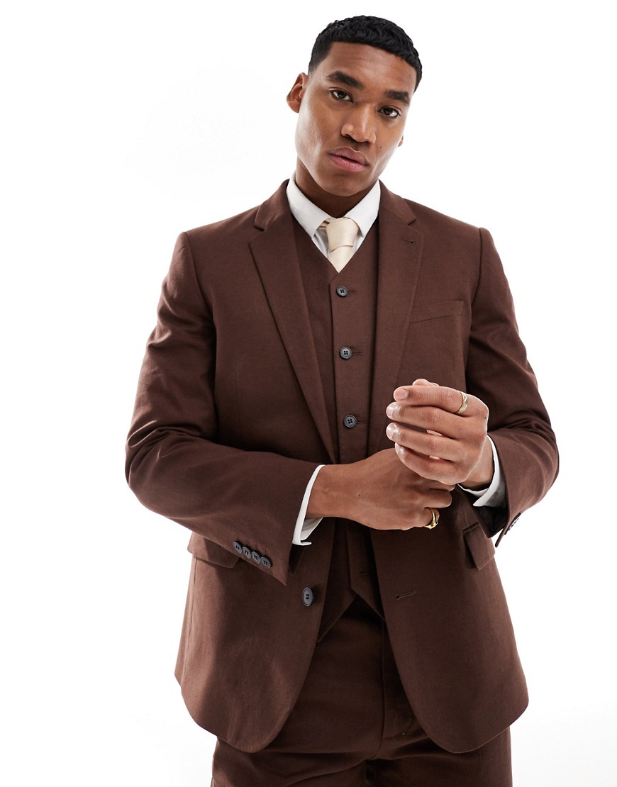 Asos Design Skinny Linen Mix Suit Jacket In Brown