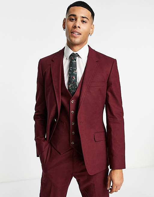 ASOS DESIGN skinny linen mix suit jacket in burgundy | ASOS
