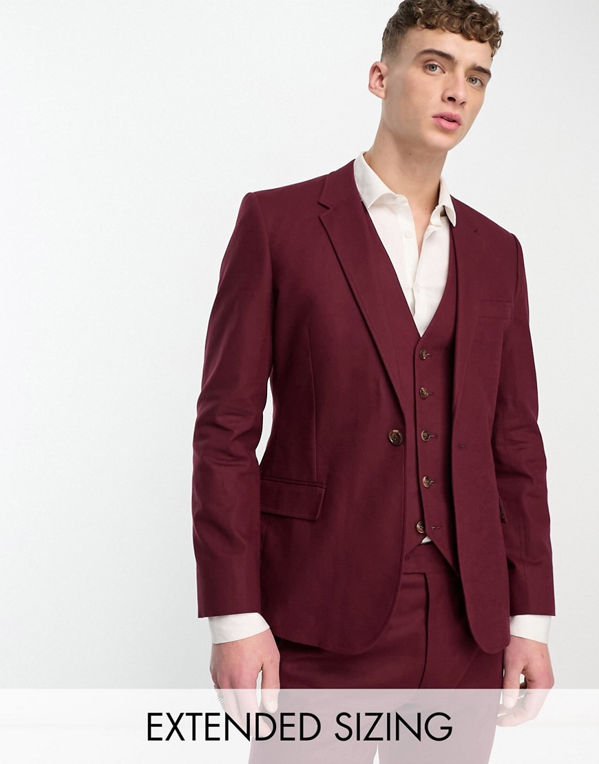 skinny linen mix suit jacket in burgundy-Red