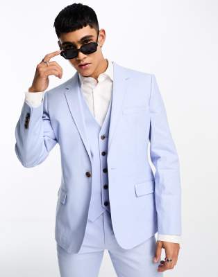 ASOS DESIGN SKINNY LINEN MIX SUIT JACKET IN PASTEL BLUE