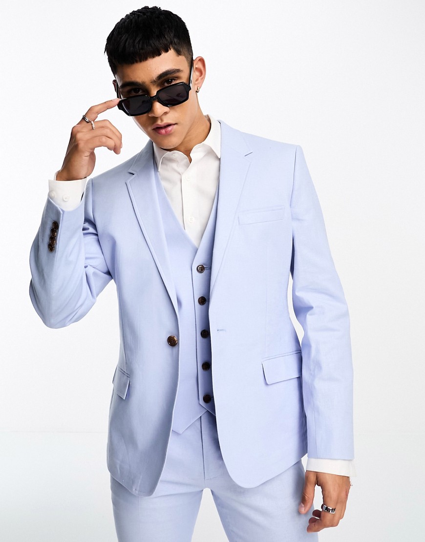 ASOS DESIGN skinny linen mix suit jacket in pastel blue