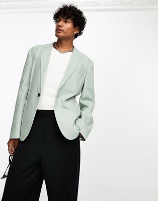 Asos Design Skinny Linen-mix Suit Jacket In Sage-green