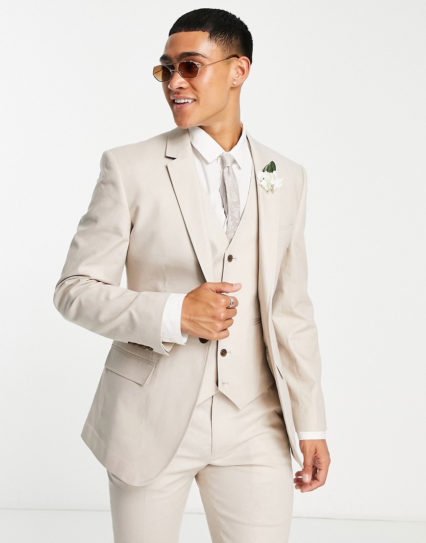 ASOS DESIGN skinny linen mix suit jacket in stone-Neutral