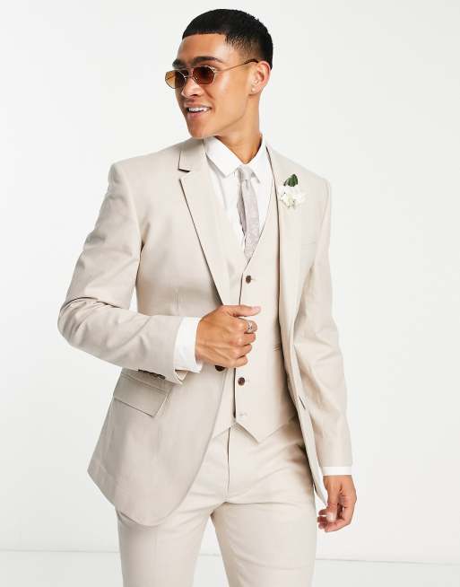 ASOS DESIGN skinny linen mix suit jacket in stone