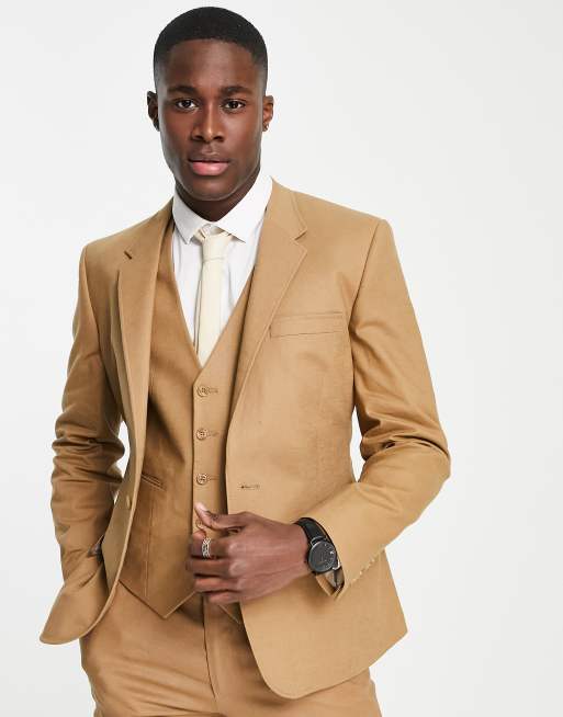 ASOS DESIGN skinny linen mix suit jacket in tobacco