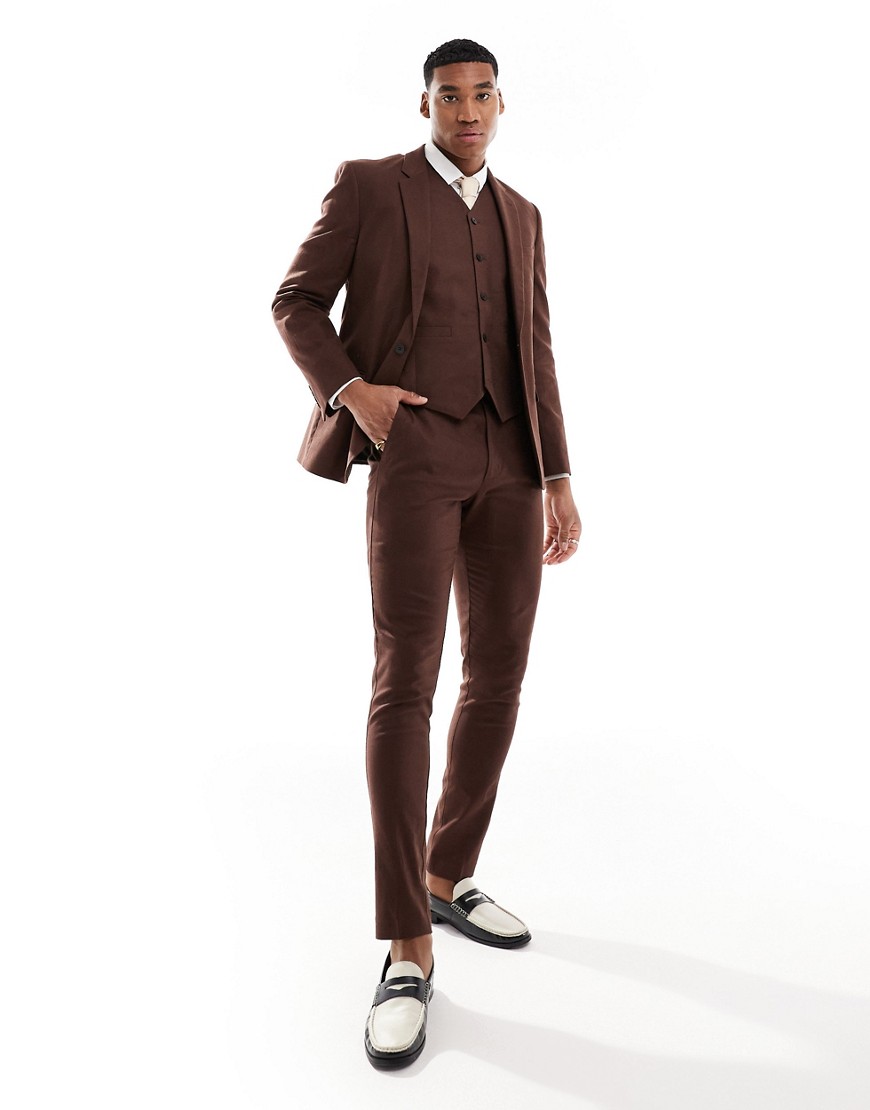 Asos Design Skinny Linen Mix Suit Pants In Brown