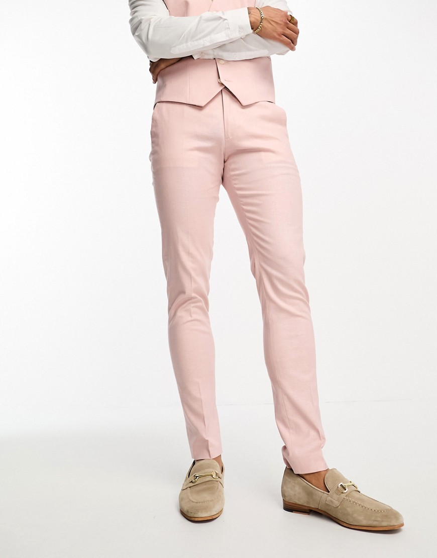 Asos Design Skinny Linen Mix Suit Pants In Pastel Pink